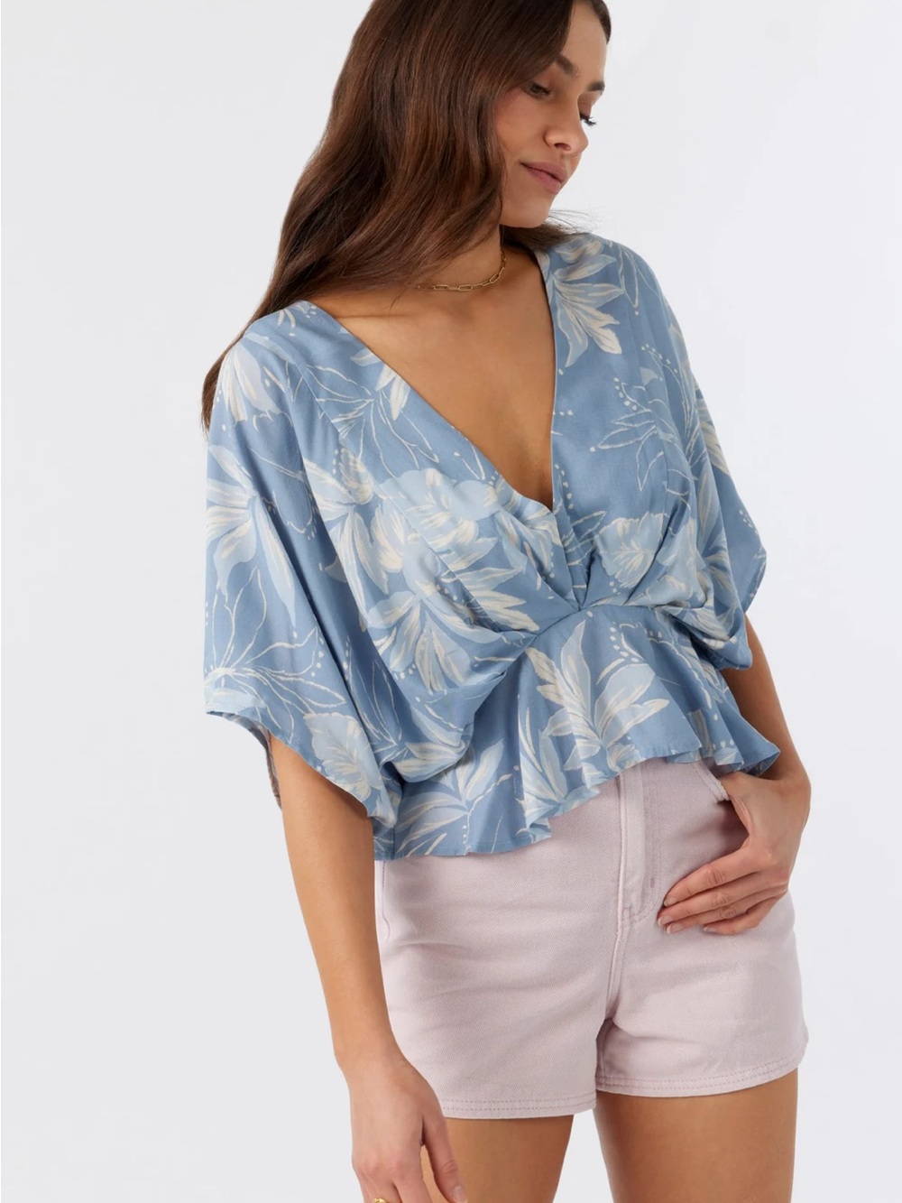 O'Neill Light Blue Floral V-Neck Peplum Blouse